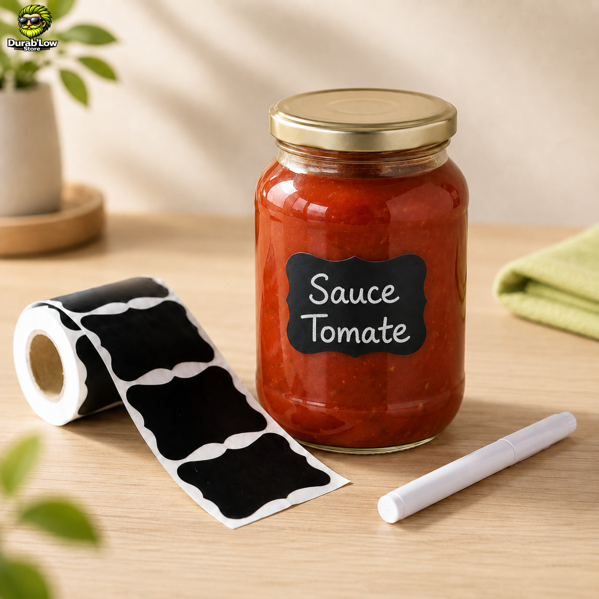 Rouleaux d'étiquette et un marqueur craie effaçable. Un exemple d'étiquetage sur bocal rempli de sauce tomate.