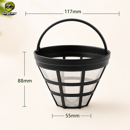 Filtre à café réutilisable et universel pour cafetière filtre. Dimensions en mm. 