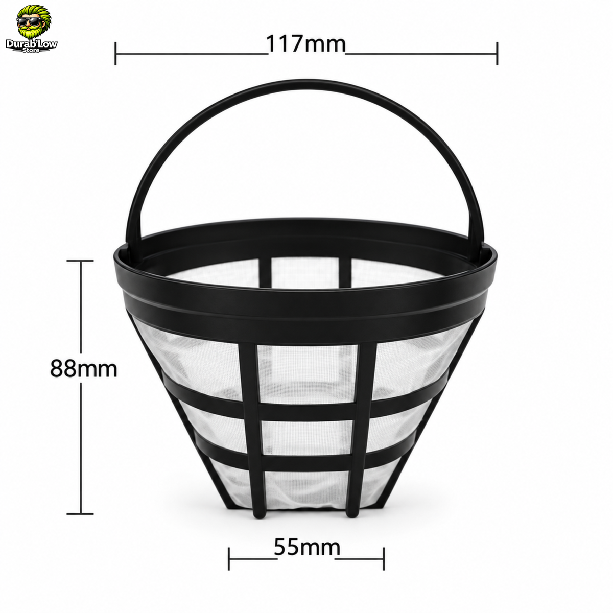 Filtre à café réutilisable et universel pour cafetière filtre. Dimensions en mm. 