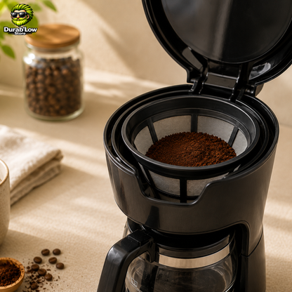Cafetière filtre ouverte avec un filtre réutilisable en nylon à l'intérieur. Plan de travail de cuisine avec tasse de café et grains de café. 