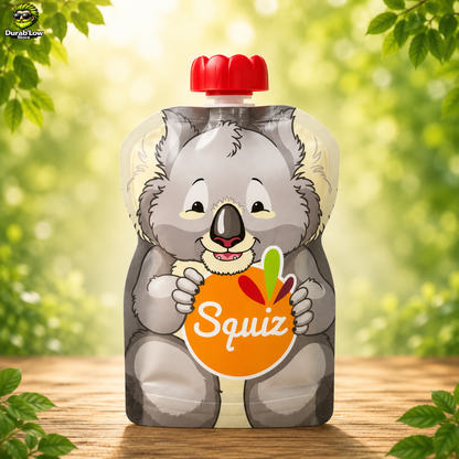 Gourde composte Squiz avec motif koala dans un environnement végétal.