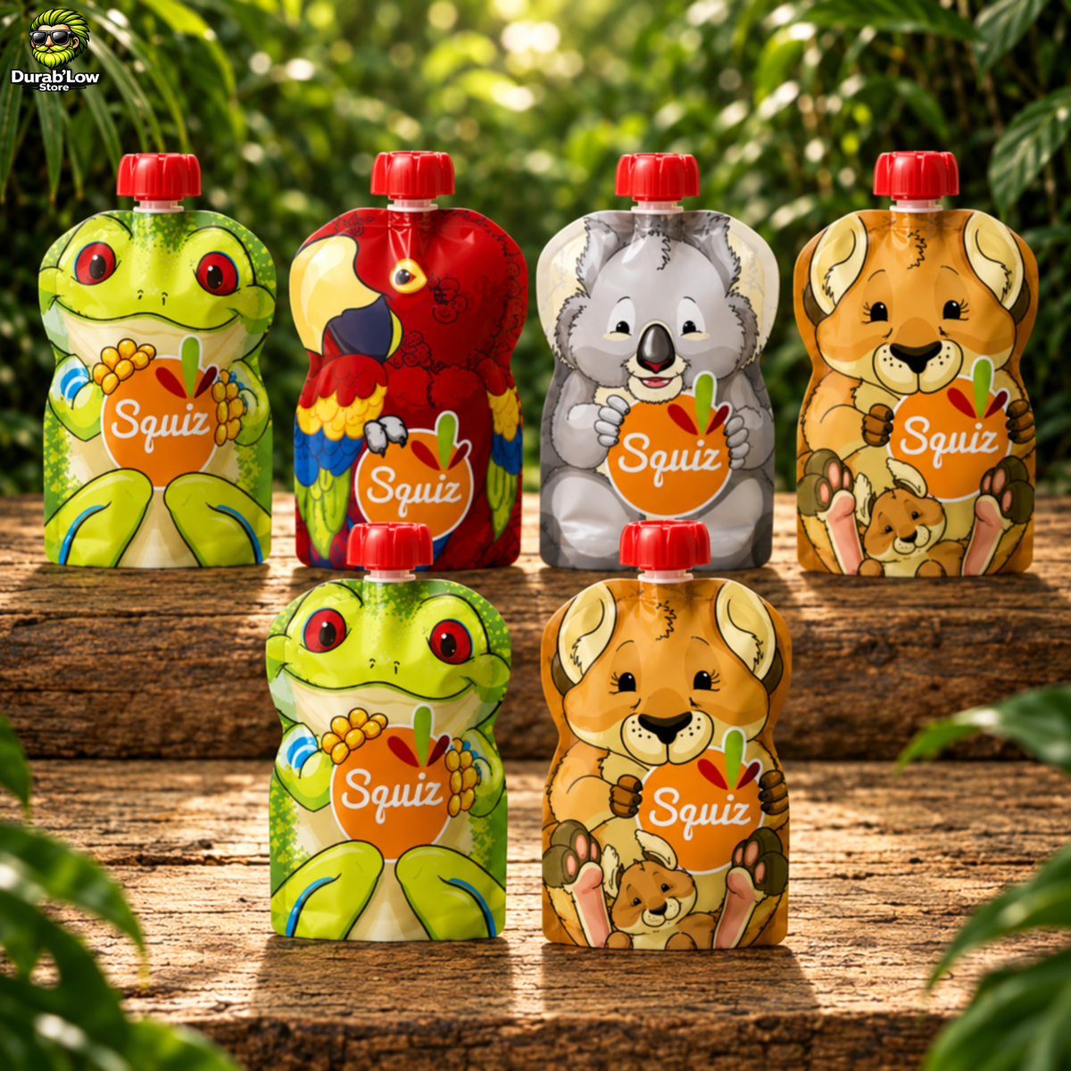 Lot de 6 gourdes à compote aux motifs animalier dans un décor de verdure.
