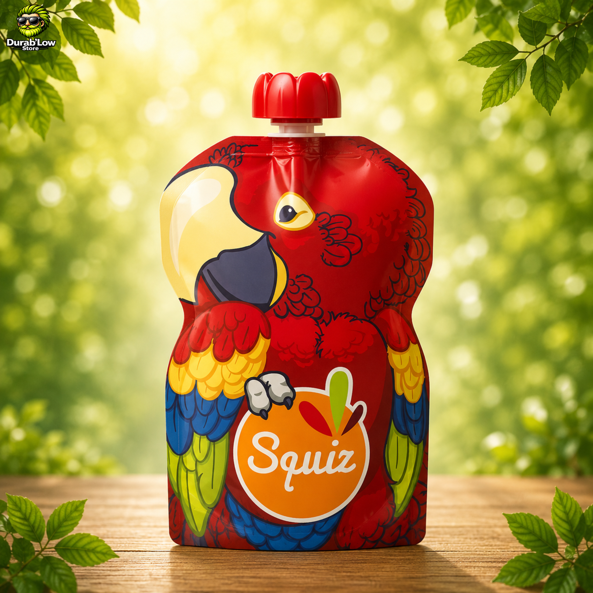 Gourde composte Squiz avec motif perroquet dans un environnement végétal.