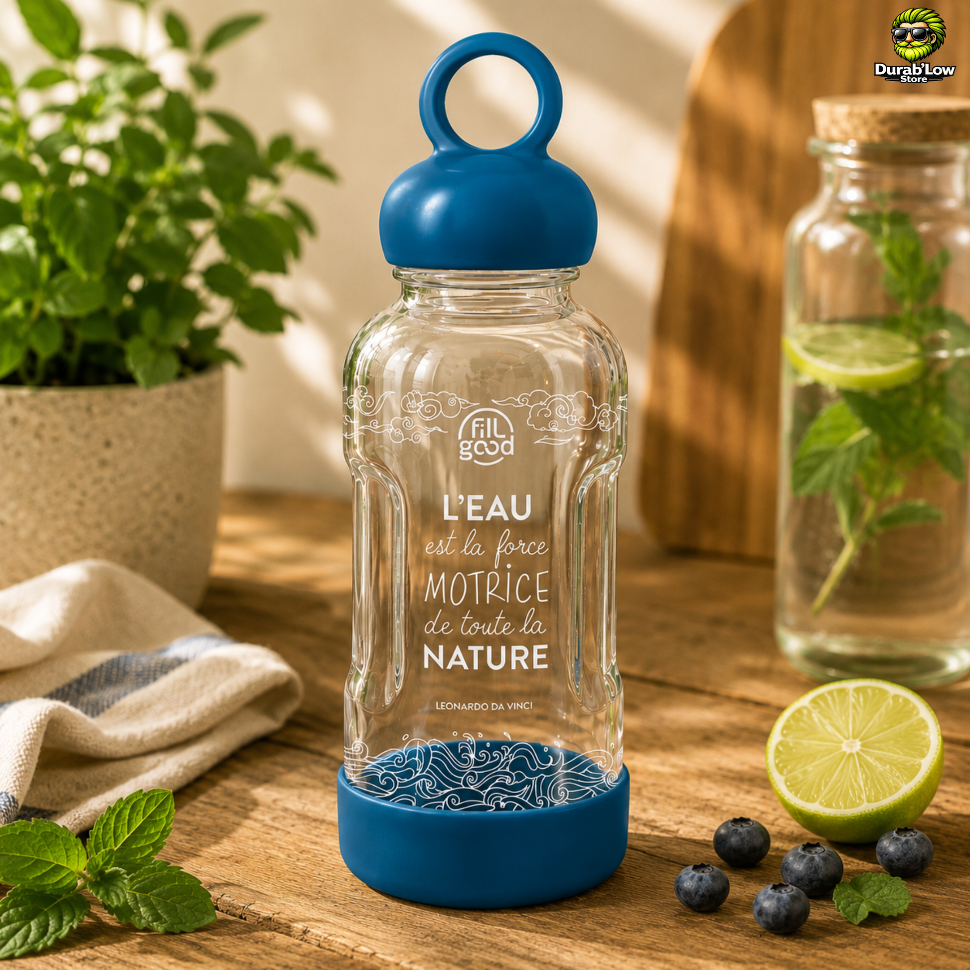 Gourde Fillgood bleue incassable en verre. Ambiance cuisine d'été végétalisée
