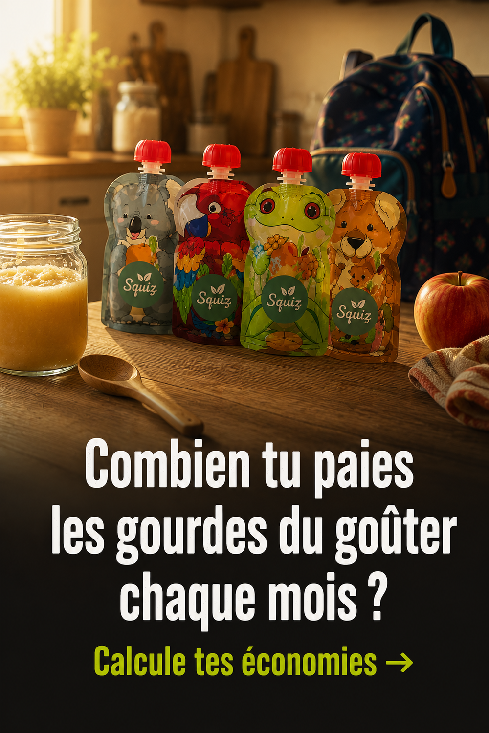Préparation goûter avec compote maison et gourdes Squiz réutilisables sur un plan de travail cuisine — alternative durable aux gourdes jetables