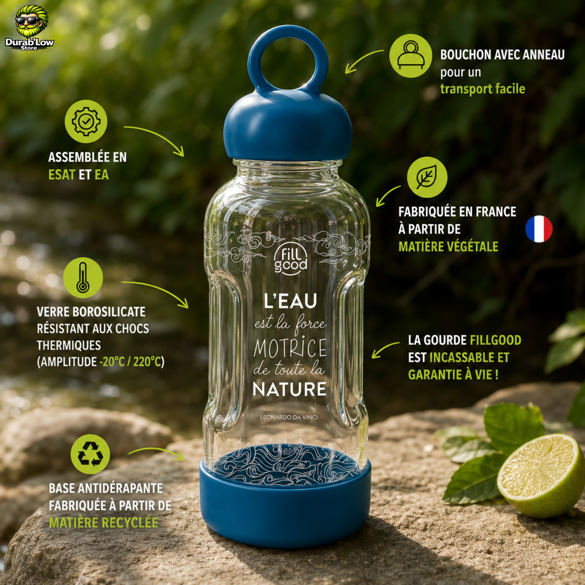 Gourde Fillgood bleue incassable en verre, descriptif détaillée de sa composition et la provenance des matériaux et main d'oeuvre.