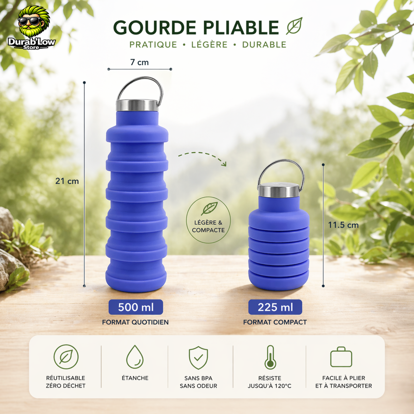 Gourde télescopique réutilisable dépliée et repliée
