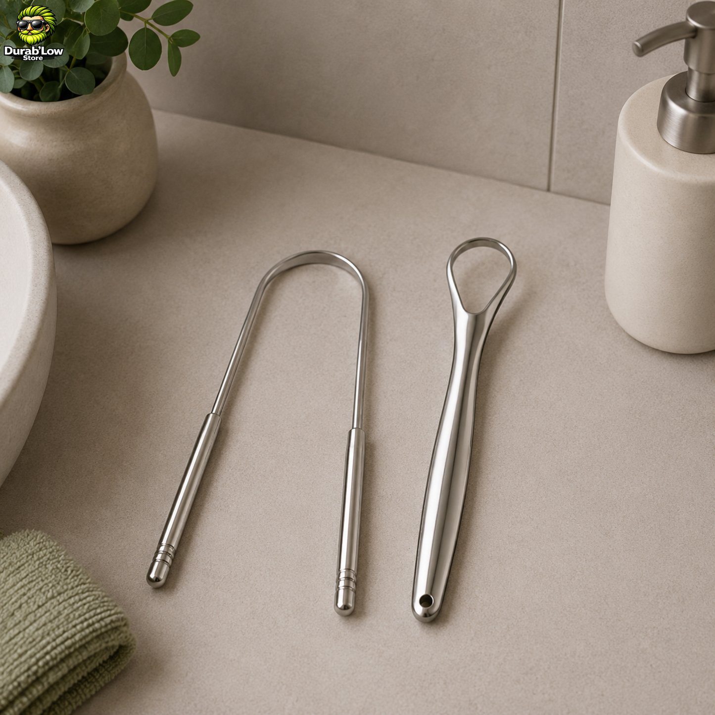 2 gratte-langue en inox disposés sur un meuble de salle de bain. 