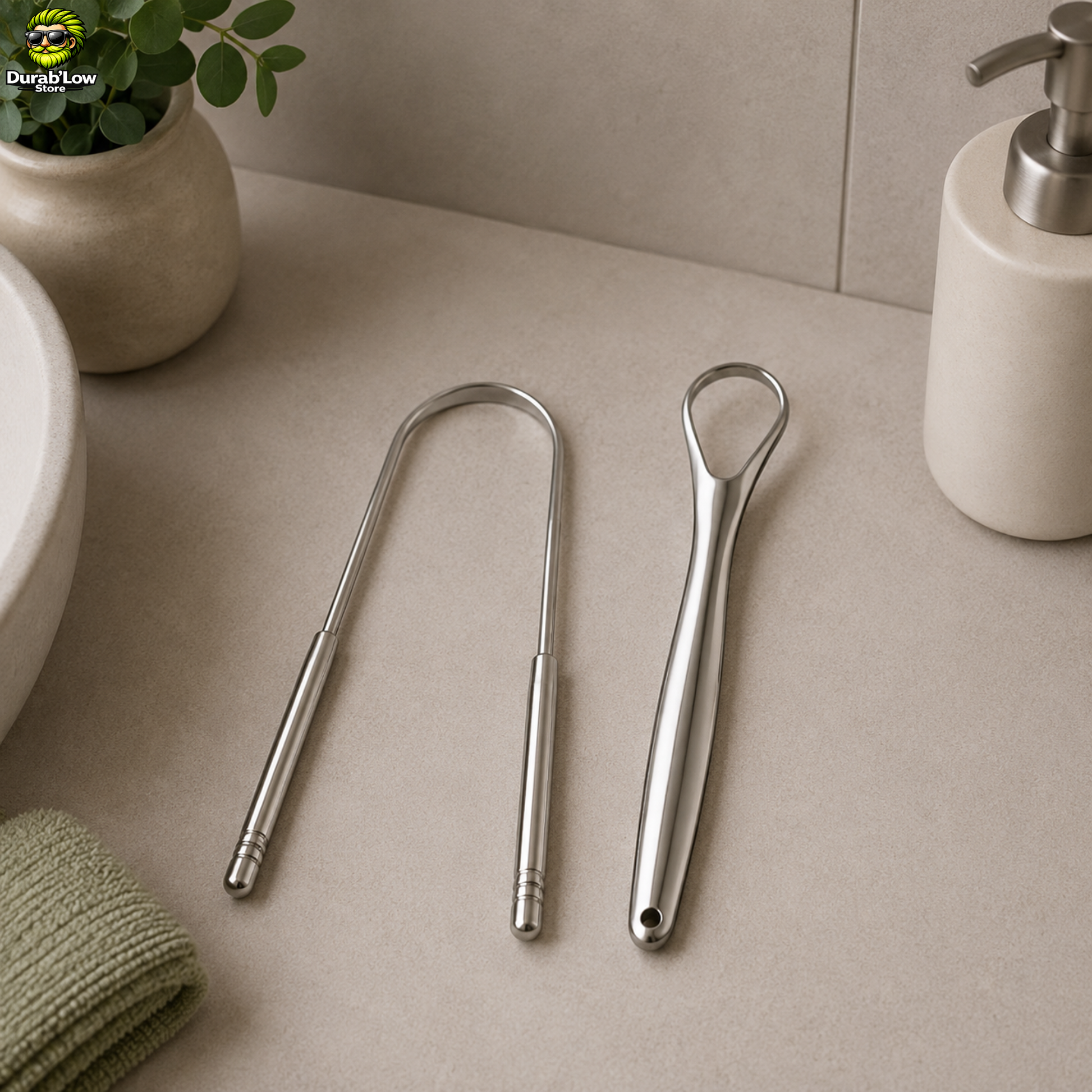 2 gratte-langue en inox disposés sur un meuble de salle de bain. 