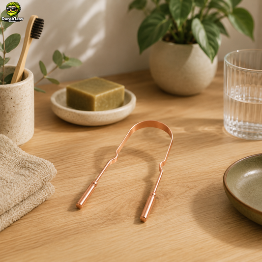 Gratte-langue en cuivre posé sur une table de salle de bain, ambiance minimliste.