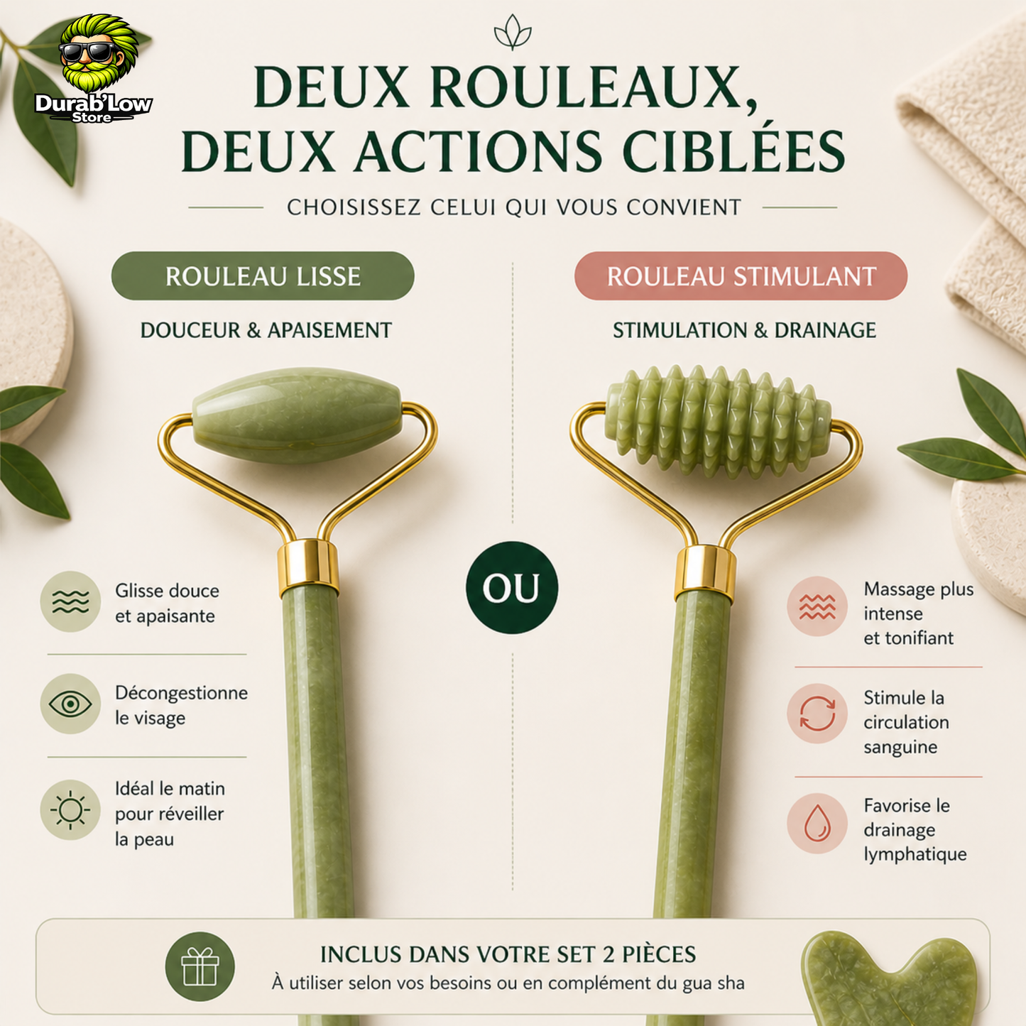 détail sur les 2 rouleaux. feuilles de bambou en fond.