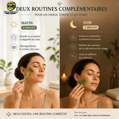une femme utilise le rouleau lisse pour sa pomette. Elle utilise un gua sha pour sa joue.