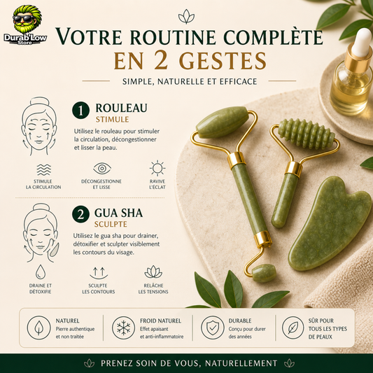 Un gua sha et 2 rouleaux en pierre de jade verte. L'illustration présente 2 gestes pour entretenir son visage.