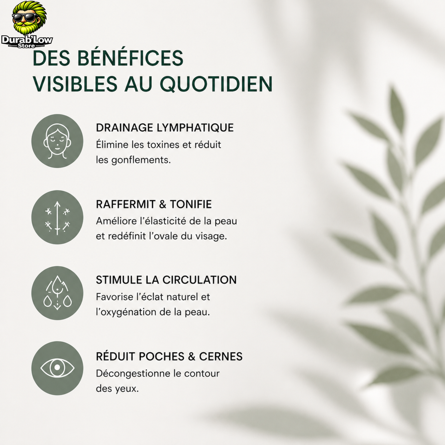 Liste de 4 bénéfices du Gua Sha: Drainage Lymphatique, Raffermit et tonifie, stimule la circulation et réduit poches et cernes.