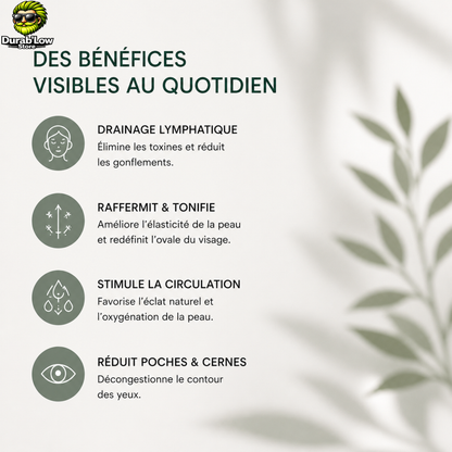 Liste de 4 bénéfices du Gua Sha: Drainage Lymphatique, Raffermit et tonifie, stimule la circulation et réduit poches et cernes.