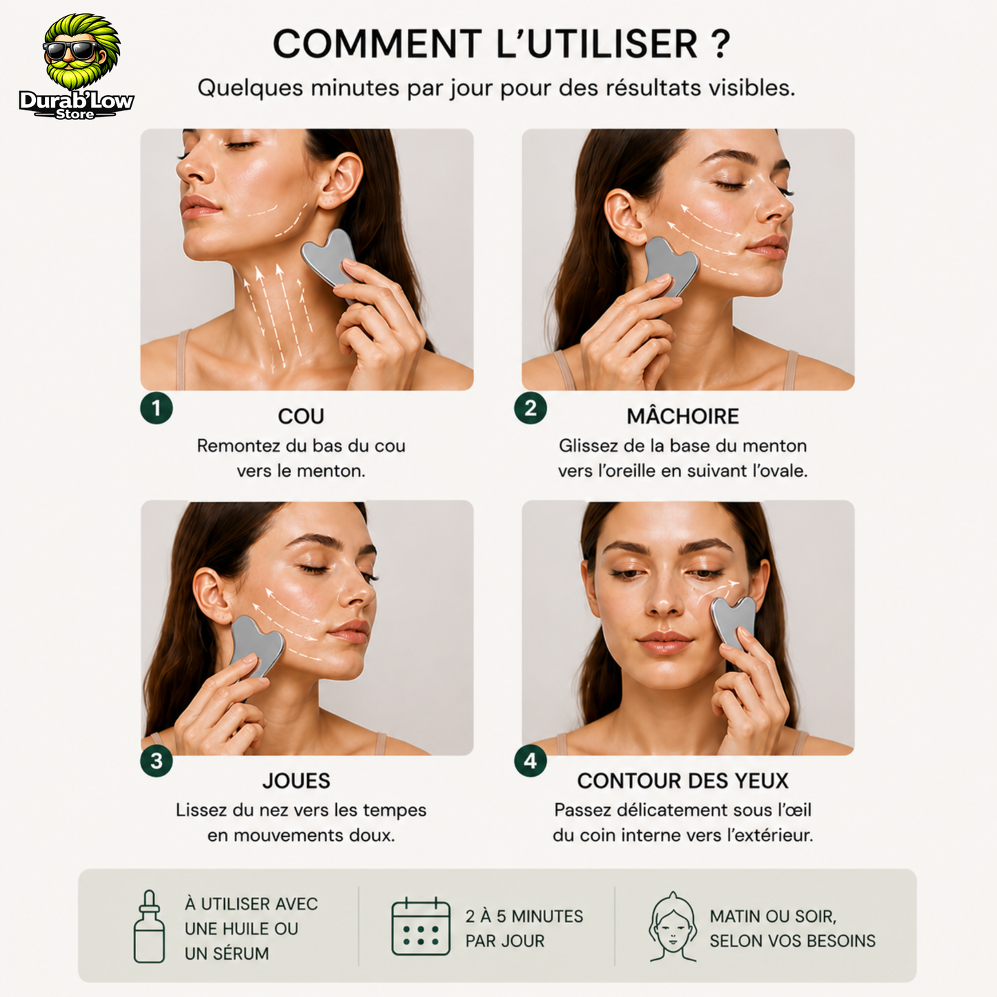 4 exemples d'utilisation du Gua Sha. 1. une femme se masse le cou avec le gua sha en inox. 2. Elle se masse la mâchoire. 3. Les joues. 4. Le contour des yeux. 