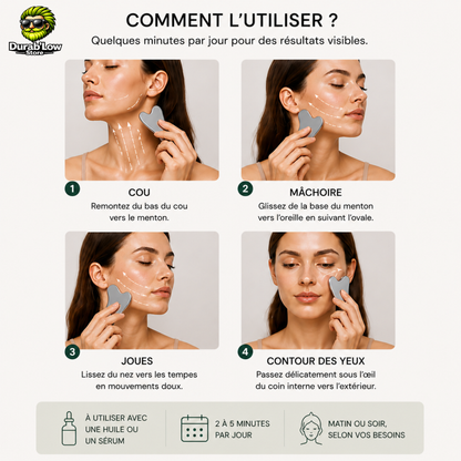 4 exemples d'utilisation du Gua Sha. 1. une femme se masse le cou avec le gua sha en inox. 2. Elle se masse la mâchoire. 3. Les joues. 4. Le contour des yeux. 