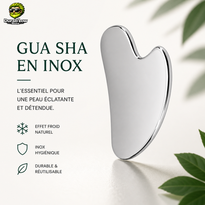 Le gua sha en inox, avec 3 arguments clés: effet froid, inox hygiénique, durable et réutilisable.