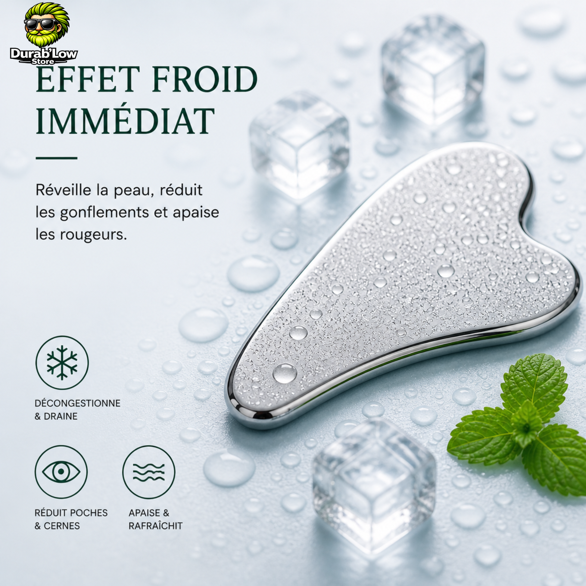 Un Gua Sha avec des gouttes d'eau et des glaçons ainsi qu'une feuille de menthe pour représenter l'effet froid.