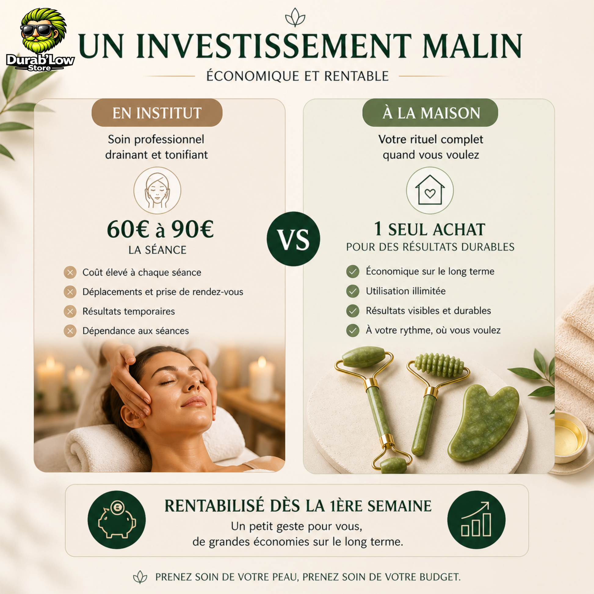 Comparaison entre un soin en institut, une femme se fait masser, et le kit Gua sha à utiliser à la maison.