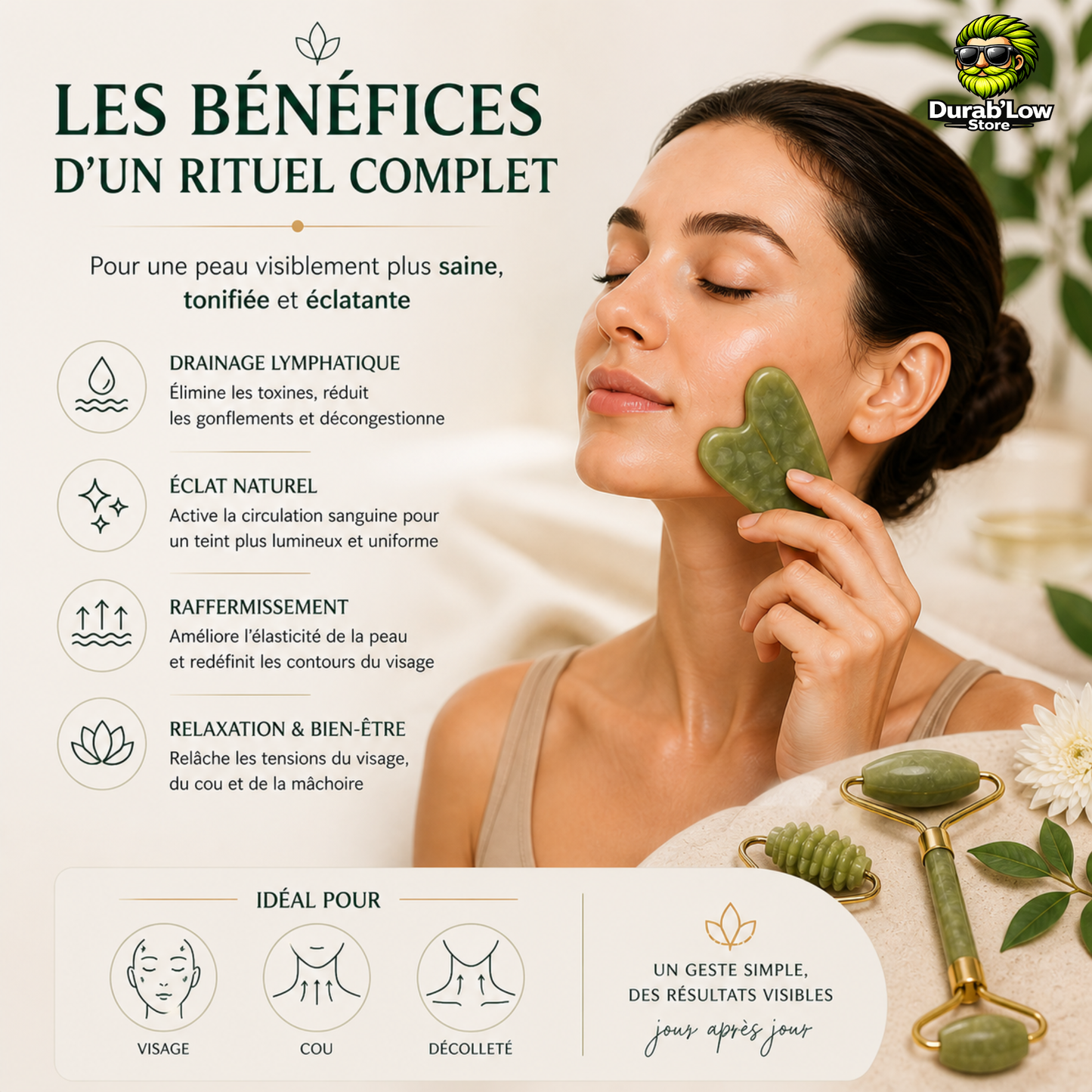 Une femme applique son gua sha sur la joue. Le texte résume les bénéfices. 2 rouleaux sont présentés en bas à droite.