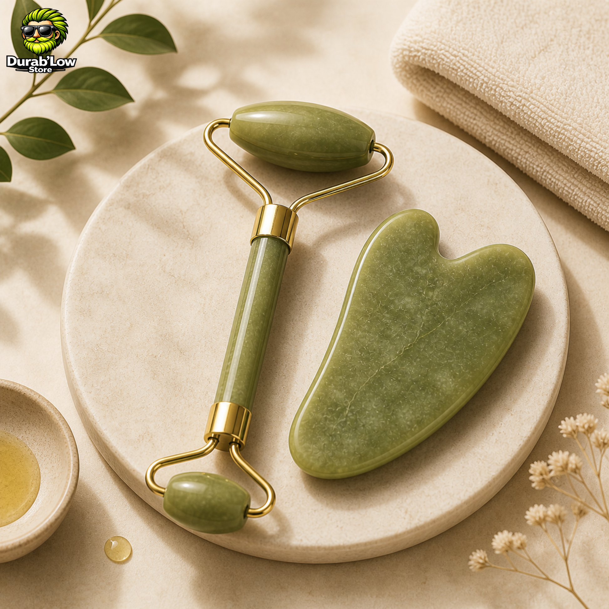 Un gua sha et un rouleau lisse en pierre de jade verte. Ils sont posés sur une pierre blanche. Fond épuré et clair.