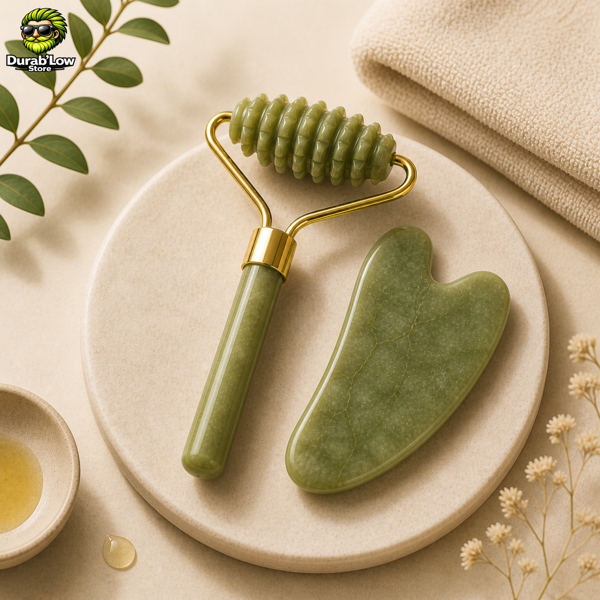 Un gua sha et un rouleau stimulant en pierre de jade verte. Ils sont posés sur une pierre blanche. Fond épuré et clair.