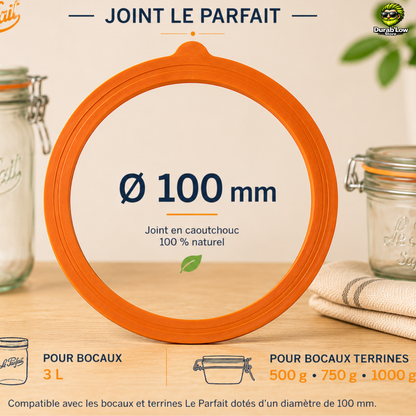 Gros plan sur un joint diamètre 100mm avec la liste des bocaux compatibles.