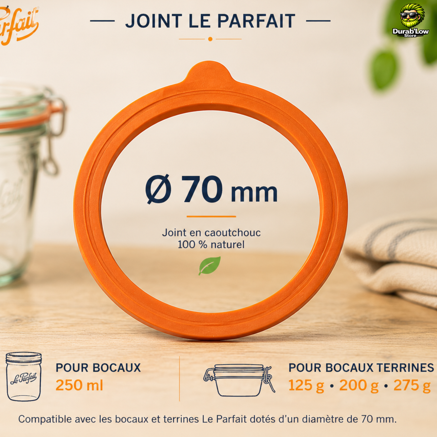 Gros plan sur un joint diamètre 70mm avec la liste des bocaux compatibles.