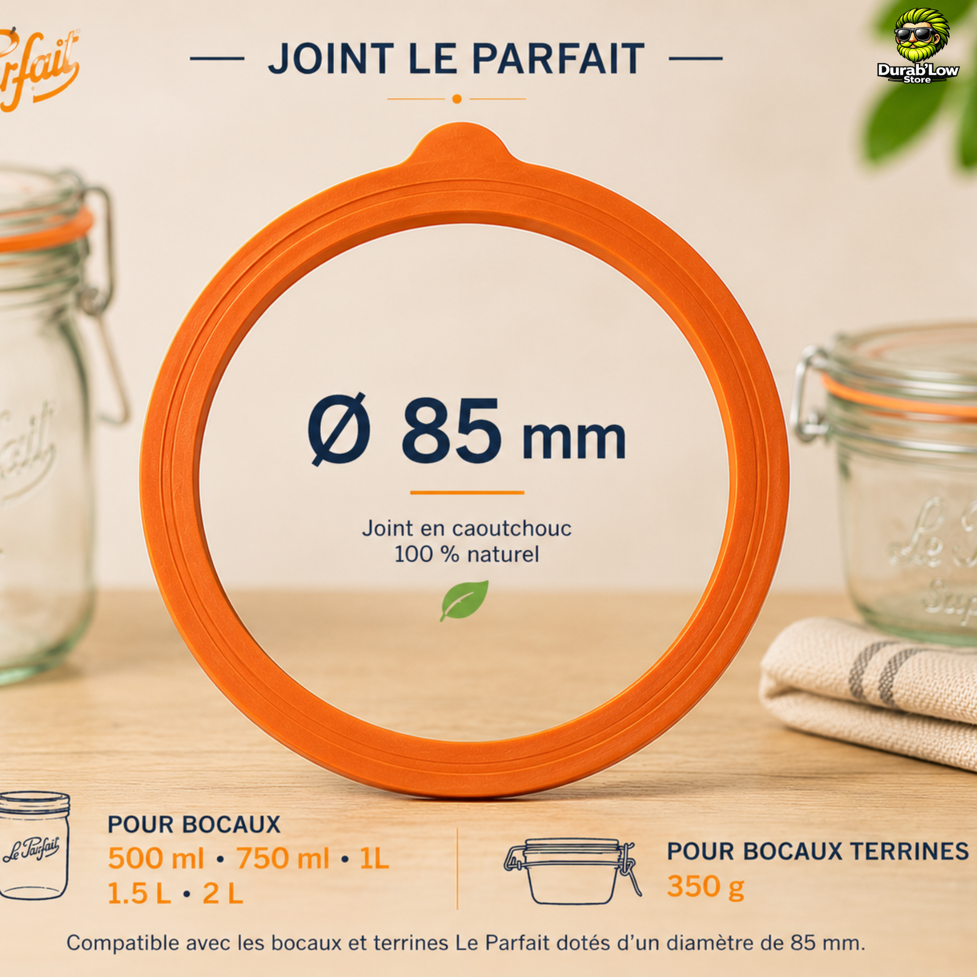 Gros plan sur un joint diamètre 85mm avec la liste des bocaux compatibles.