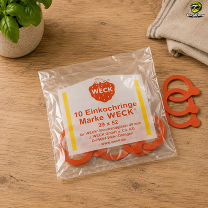 Sachet de 10 joints Weck diamètre 40mm sur un plan de travail de cuisine.