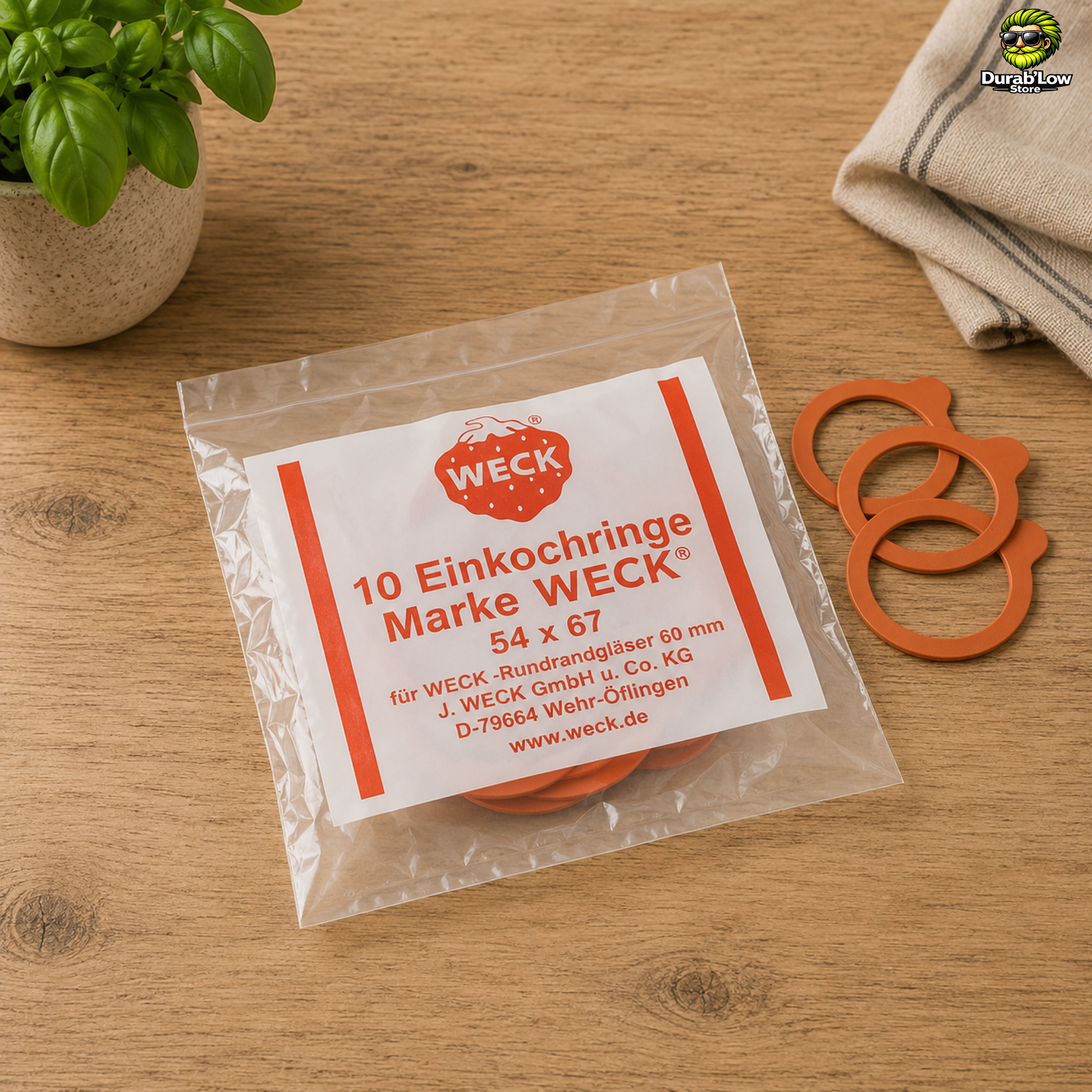 Sachet de 10 joints Weck diamètre 60mm sur un plan de travail de cuisine.