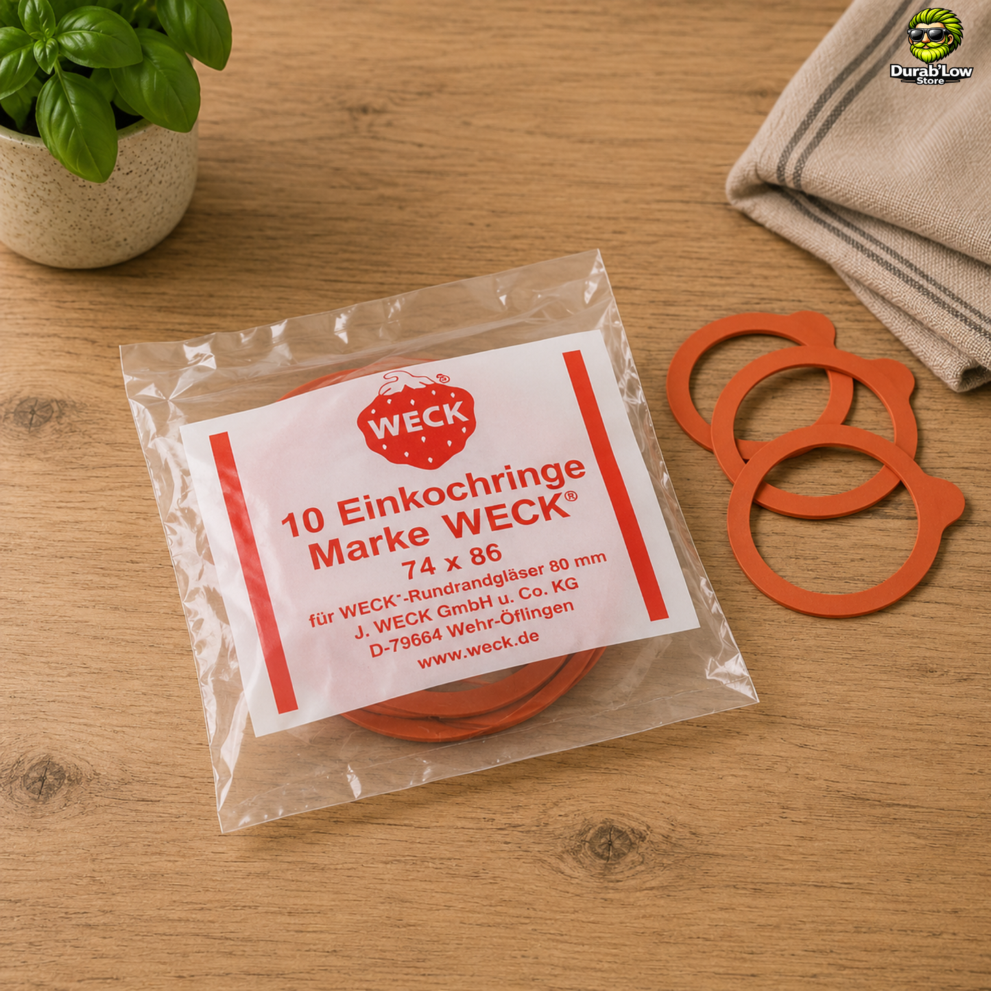 Sachet de 10 joints Weck diamètre 80mm sur un plan de travail de cuisine.