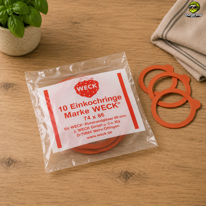 Sachet de 10 joints Weck diamètre 80mm sur un plan de travail de cuisine.