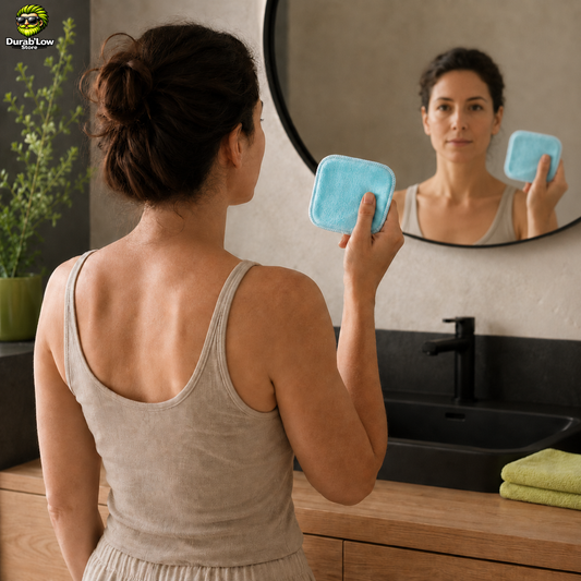 Une femme face à un miroir se nettoie le visage avec une lingette démaquillante en bambou. 