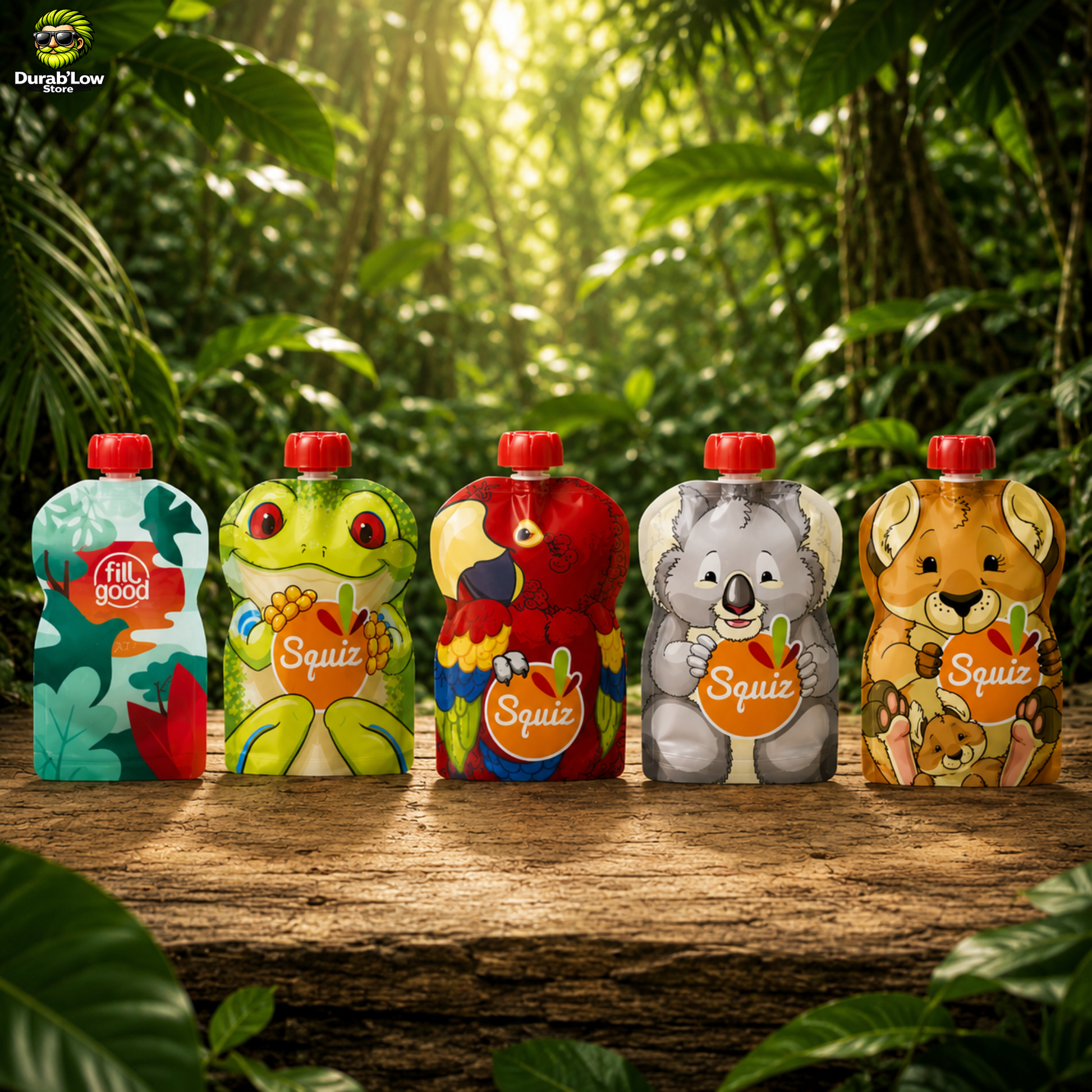Cinq gourdes à compote aux motifs animalier dans un décor de verdure.