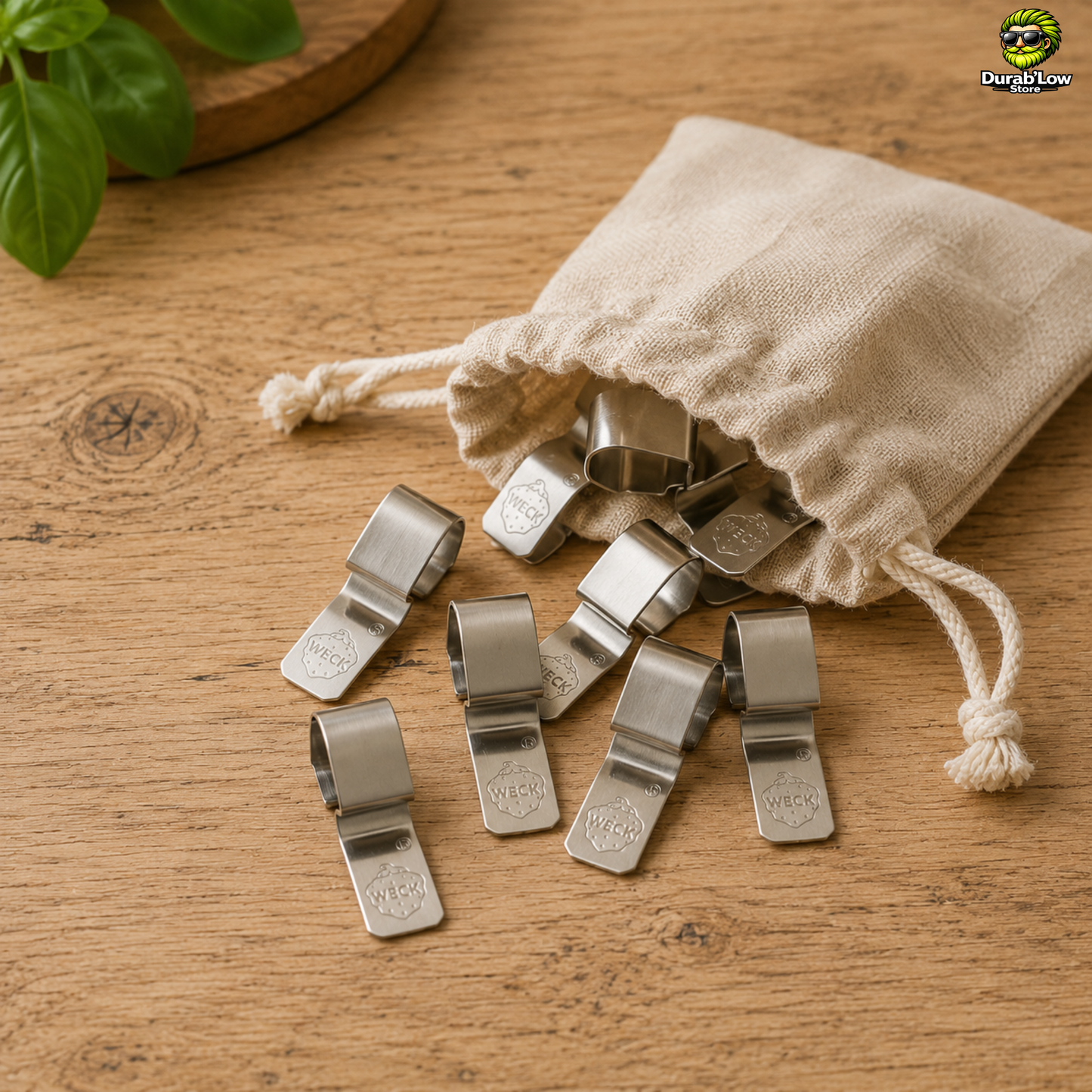 Un sachet en tissu laisse dépasser 10 Clips à bocal Weck sur un plan de travail de cuisine. 
