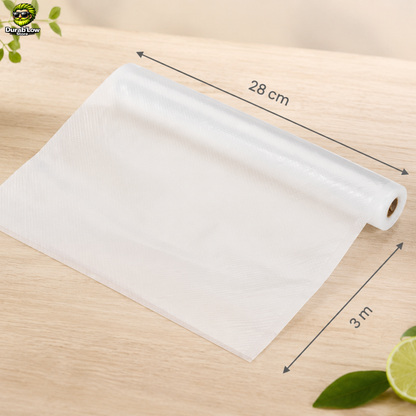 Rouleau de film plastique pour la mise sous vide. Les dimensions sont indiquées. 