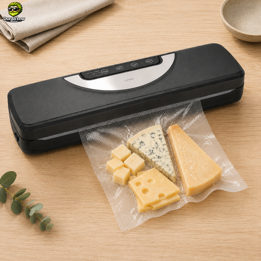 Machine de mise sous vide avec un sachet de différents fromages.