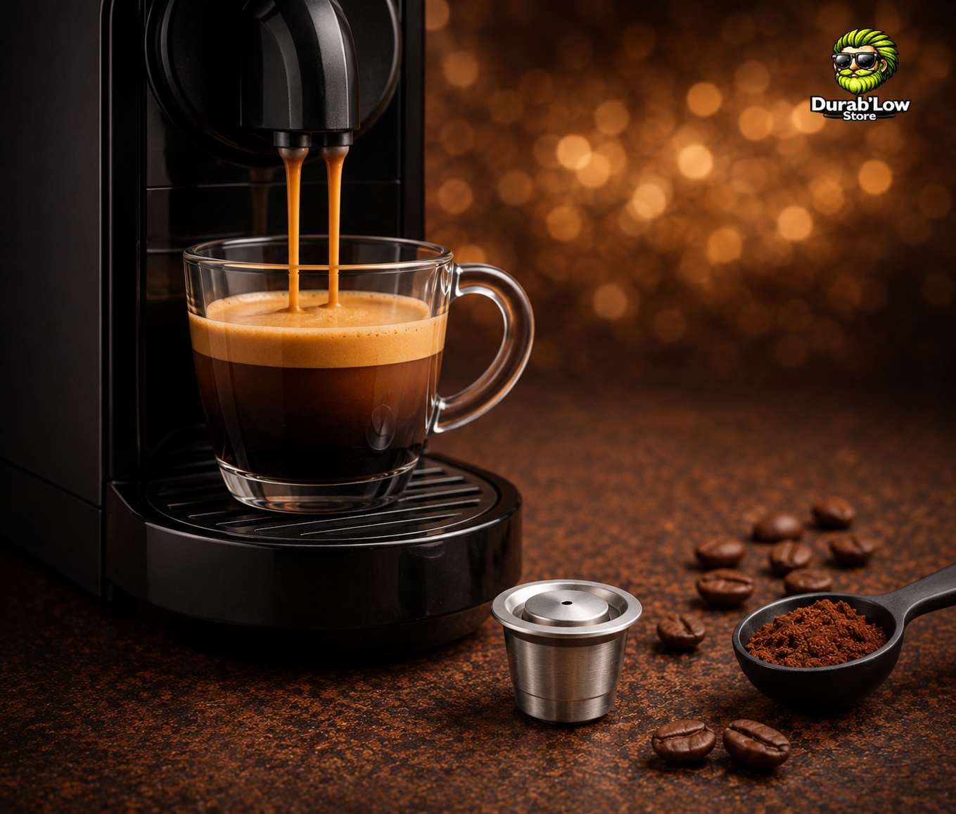 Café qui coule dans une tasse transparente. Des grains de café, du café moulu et une capsule Nespresso réutilisable sont disposés à côté.