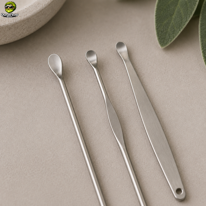 Trois oriculis en inox, embout "cuillère" disposés sur un meuble de salle de bain.