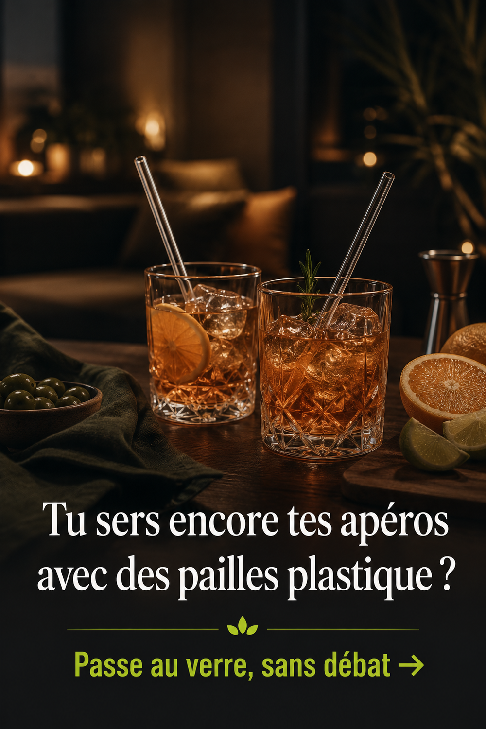 Deux verres à cocktails avec chacun une paille en verre transparente.