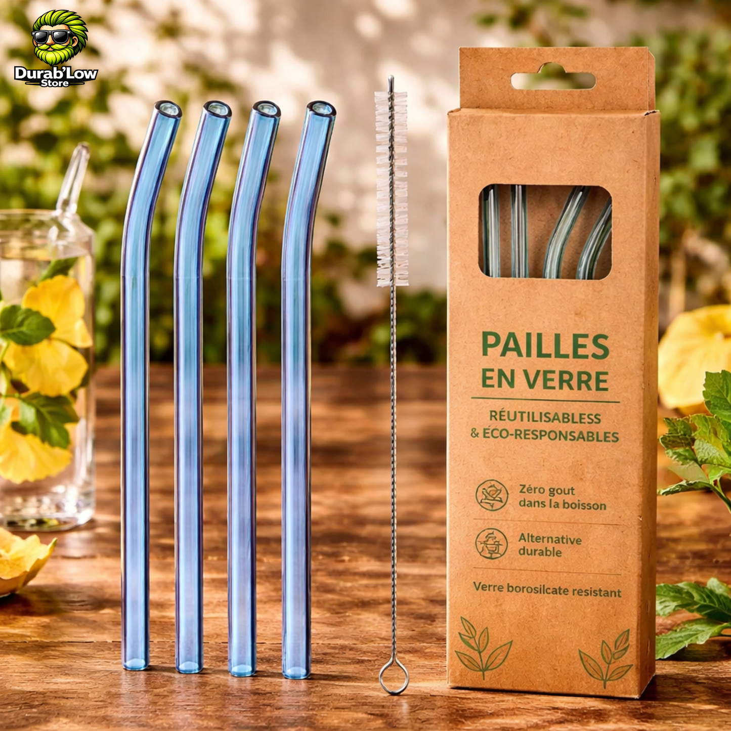 Pailles en verre réutilisables bleues courbées x4