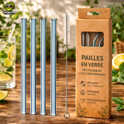 Pailles en verre réutilisables bleues droites x4