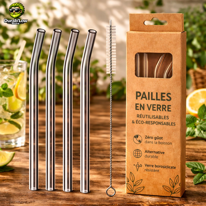 Pailles en verre réutilisables grises courbées x4