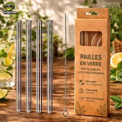 Pailles en verre réutilisables grises droites x4