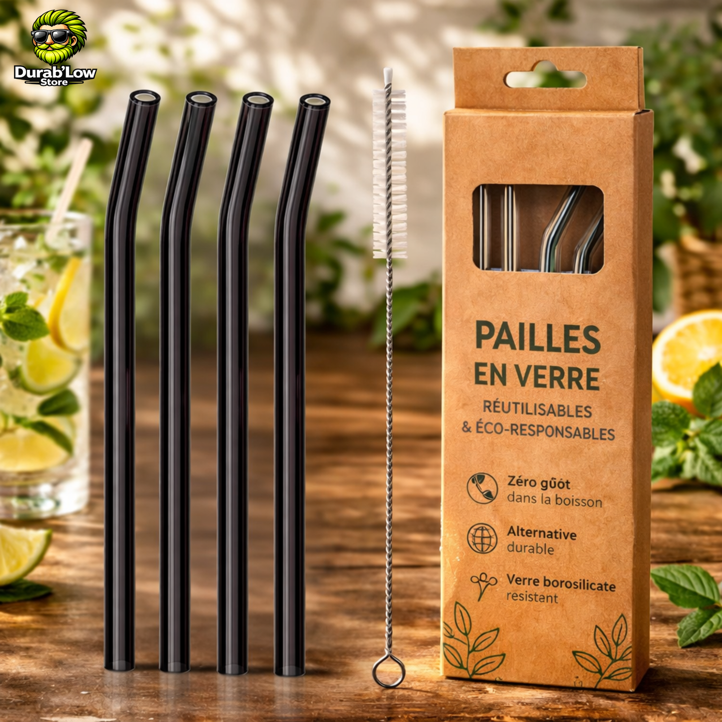Pailles en verre réutilisables noires courbées x4