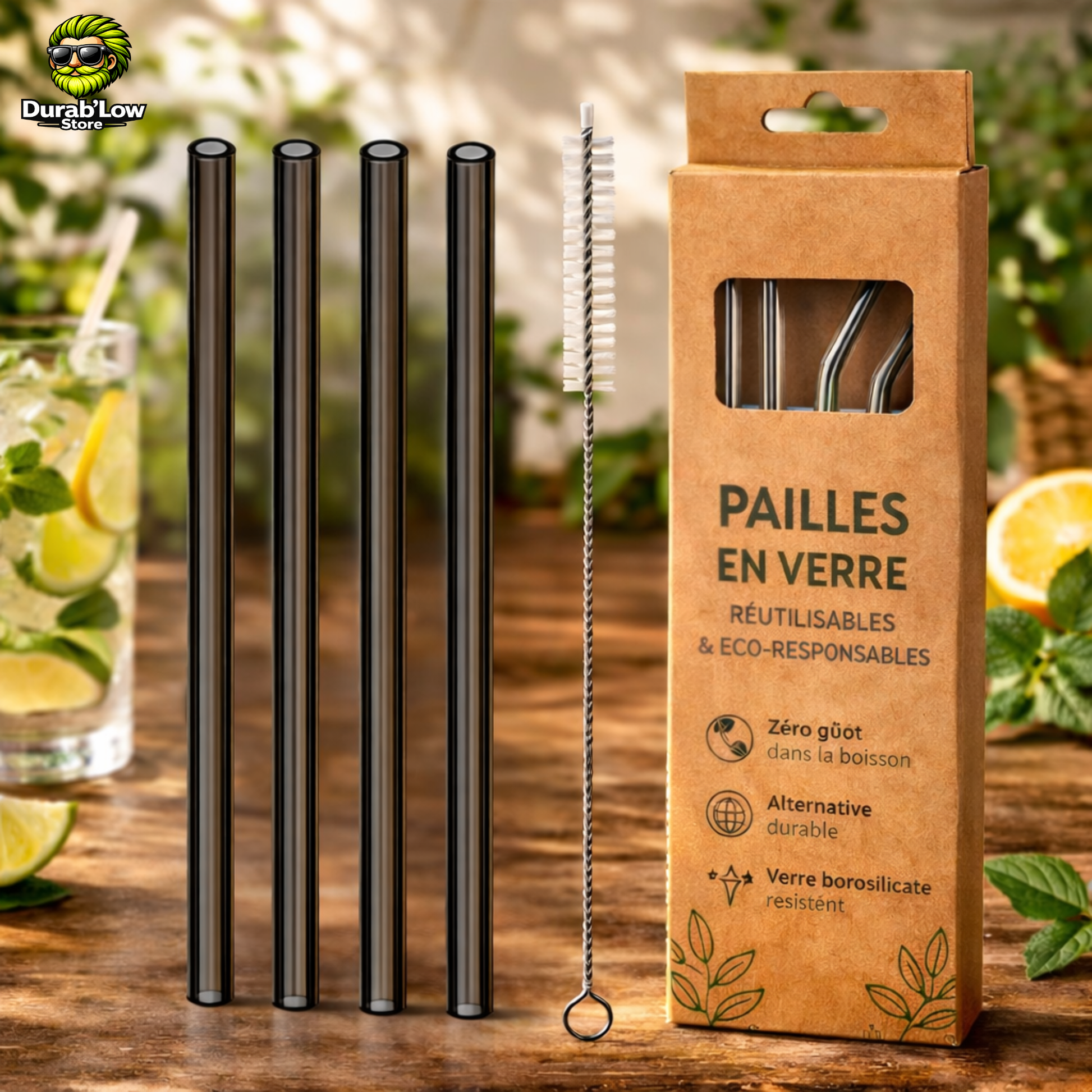 Pailles en verre réutilisables noires droites x4