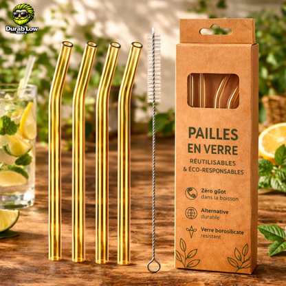 Pailles en verre réutilisables or courbées x4
