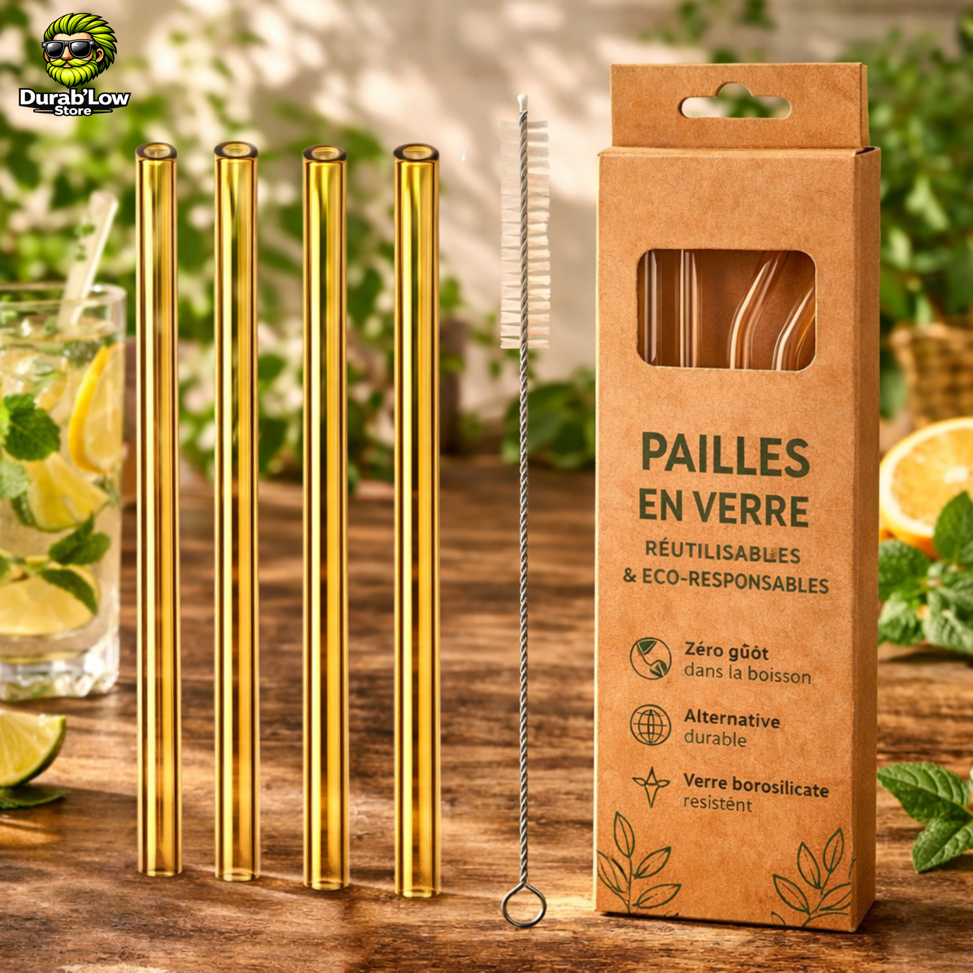 Pailles en verre réutilisables or droites x4